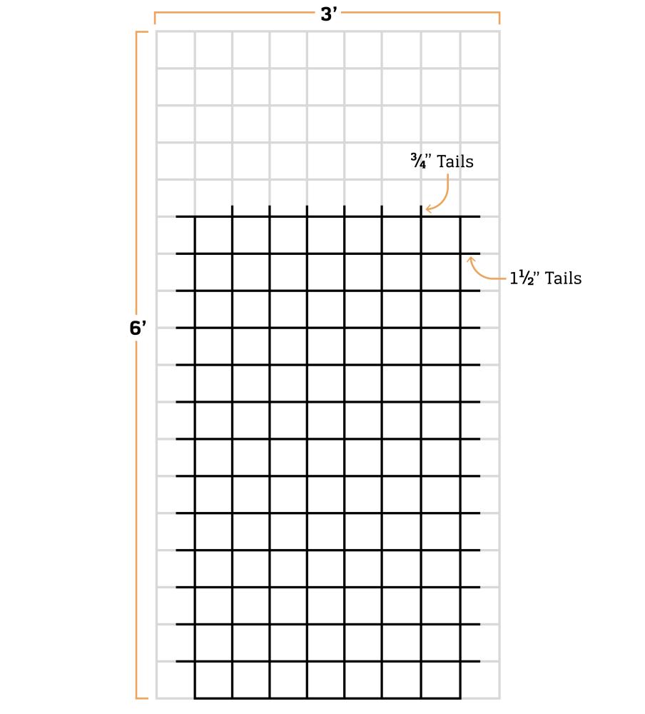 Diagram showing how to cut a 28” x 52.5” piece out of a 3’ x 6’ hog wire panel, leaving 1.5” tails on the sides and .75” tails on top. 