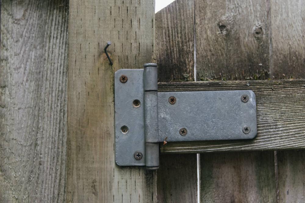 Close-up on the fence gate hinge with two of the screw heads sheared off.