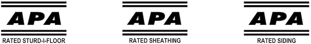 Panel grade sections of three stamps:<br />
"APA RATED STURD-I-FLOOR," "APA RATED SHEATHING," and "APA RATED SIDING."